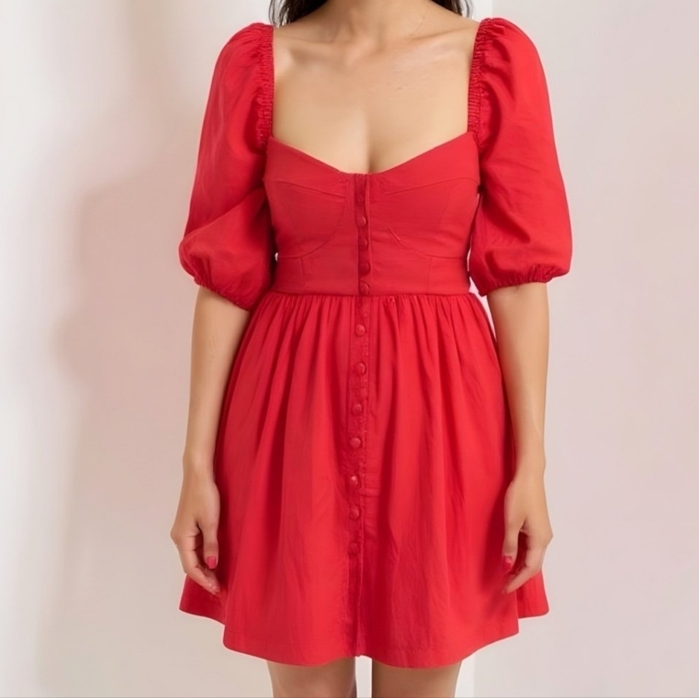 Anthropologie Maeve Women's Puff Sleeve Sweetheart Feminine Mini Dress Red Sz S - Picture 3 of 16